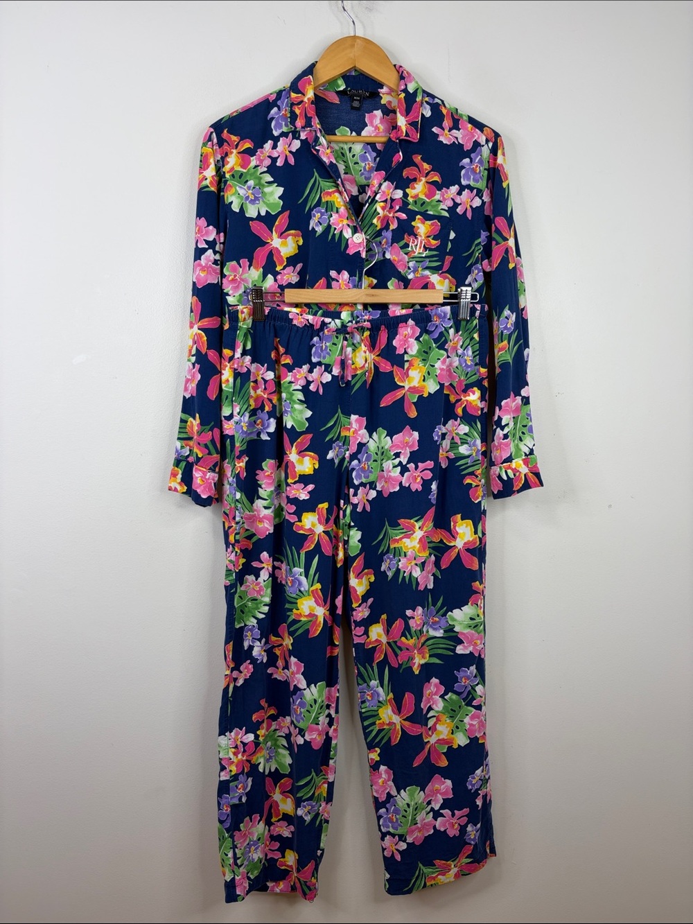 Lauren Ralph Lauren Pajamas Women Medium Blue Pink Floral Cotton 2 Piece PJs